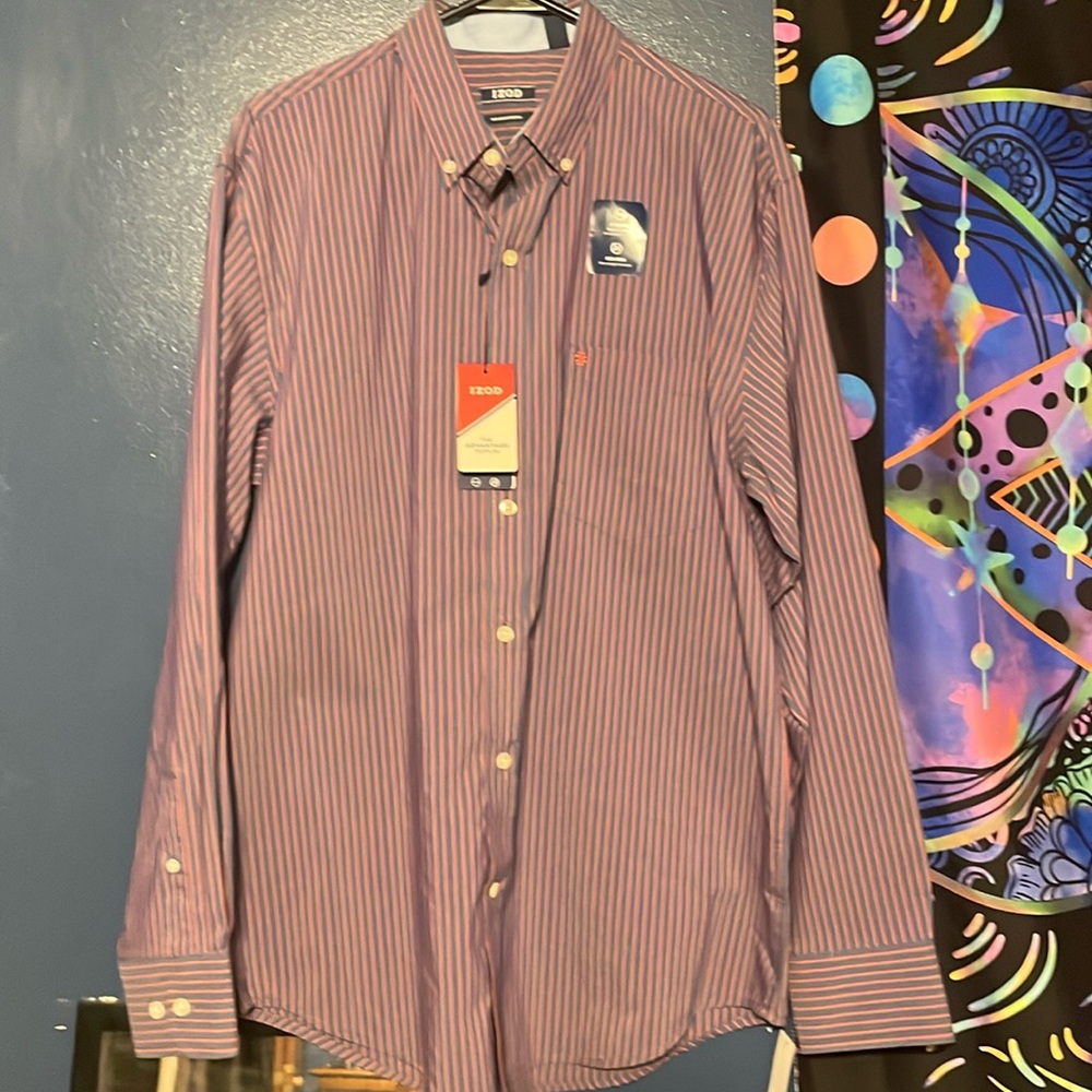 Men’s Medium Izod dress shirt. Saltwater/Red color. Brand new with tags.